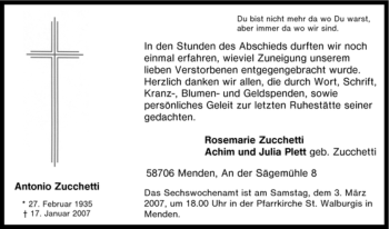 Traueranzeige von Antonio Zucchetti von Tageszeitung