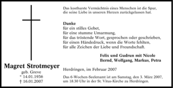 Traueranzeige von Magret Strotmeyer von Tageszeitung