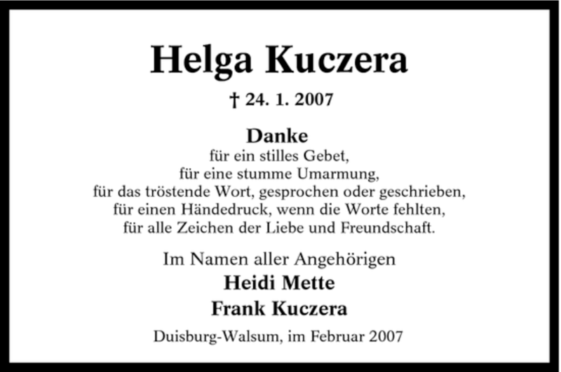  Traueranzeige für Helga Kuczera vom 26.02.2007 aus Tageszeitung