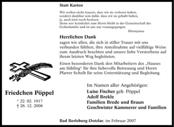 Traueranzeige von Friedchen Pöppel von Tageszeitung