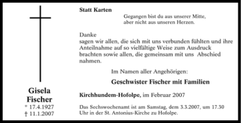 Traueranzeige von Gisela Fischer von Tageszeitung