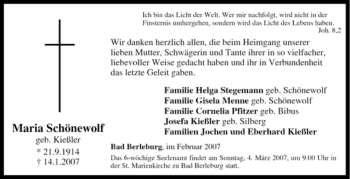 Traueranzeige von Maria Schönewolf geb. Kießler von Tageszeitung