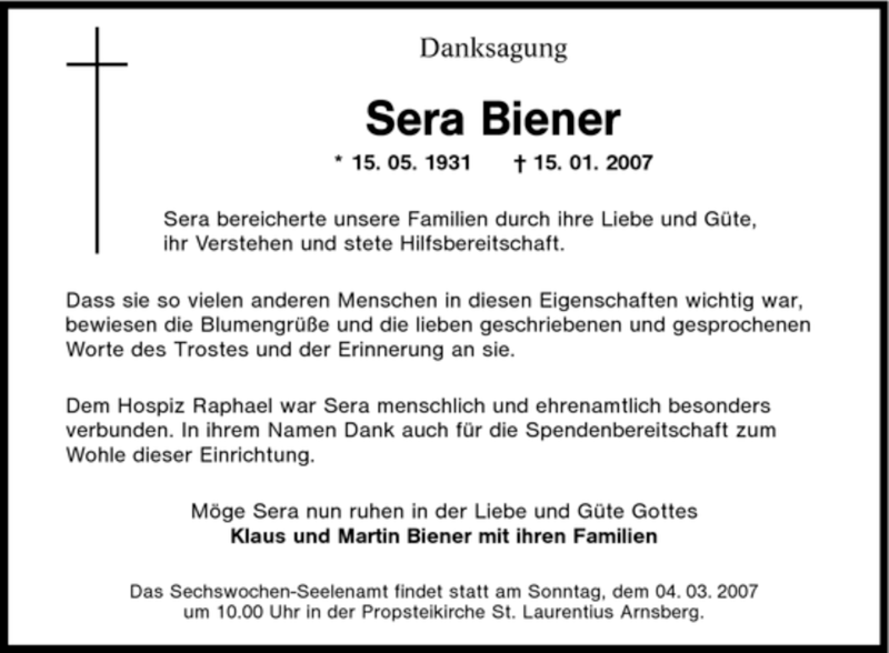  Traueranzeige für Sera Biener vom 27.02.2007 aus Tageszeitung