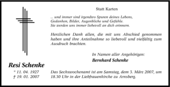 Traueranzeige von Resi Schenke von Tageszeitung