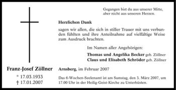 Traueranzeige von Franz-Josef Zöllner von Tageszeitung
