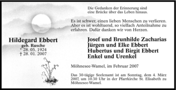 Traueranzeige von Hildegard Ebbert von Tageszeitung