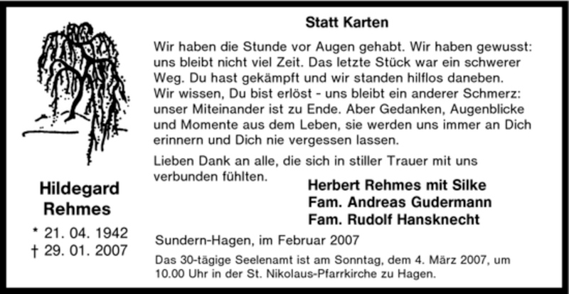  Traueranzeige für Hildegard Rehmes vom 27.02.2007 aus Tageszeitung