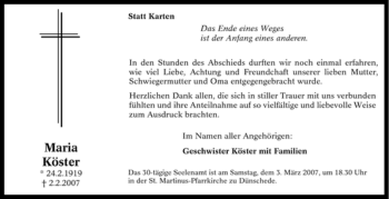 Traueranzeige von Maria Köster von Tageszeitung