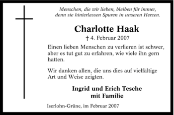 Traueranzeige von Charlotte Haak von Tageszeitung