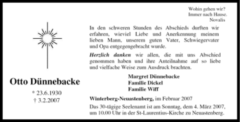 Traueranzeige von Otto Dünnebacke von Tageszeitung