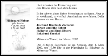 Traueranzeige von Hildegard Ebbert von Tageszeitung
