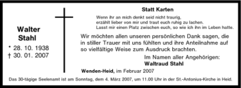 Traueranzeige von Walter Stahl von Tageszeitung
