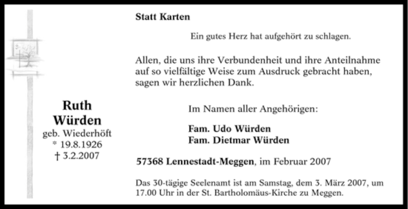  Traueranzeige für Ruth Würden vom 28.02.2007 aus Tageszeitung