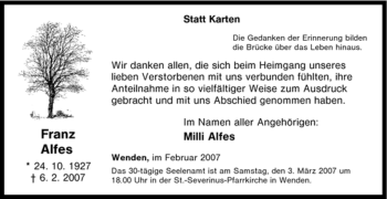 Traueranzeige von Franz Alfes von Tageszeitung