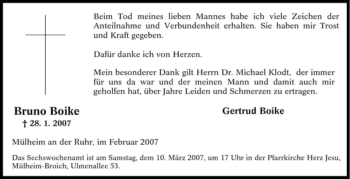 Traueranzeige von Bruno Boike von Tageszeitung