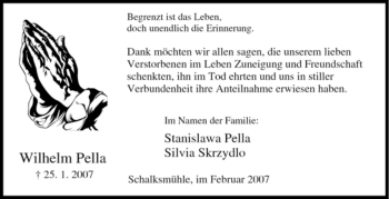 Traueranzeige von Wilhelm Pella von Tageszeitung