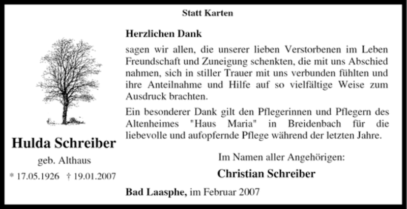 Traueranzeige für Hulda Schreiber vom 28.02.2007 aus Tageszeitung
