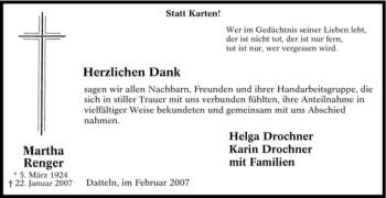 Traueranzeige von Martha Renger von Tageszeitung