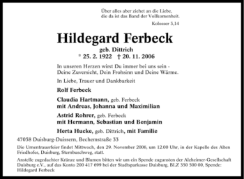 Traueranzeige von Hildegard Ferbeck von Tageszeitung