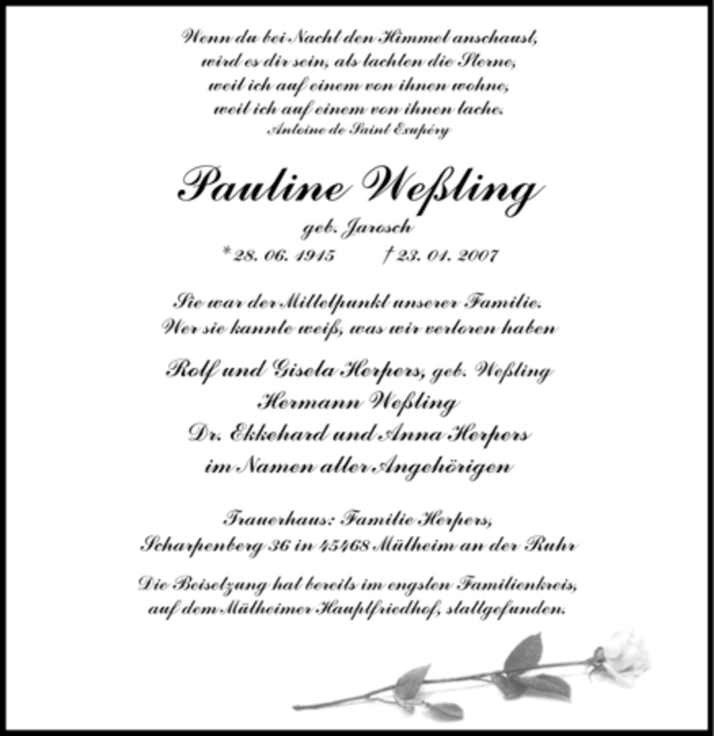  Traueranzeige für Pauline Weßling vom 01.02.2007 aus Tageszeitung