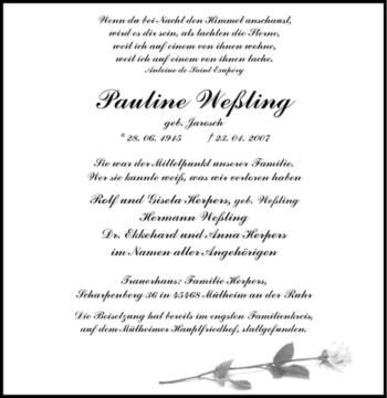 Traueranzeige von Pauline Weßling von Tageszeitung