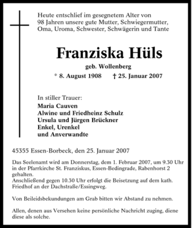  Traueranzeige für Franziska Hüls vom 01.02.2007 aus Tageszeitung