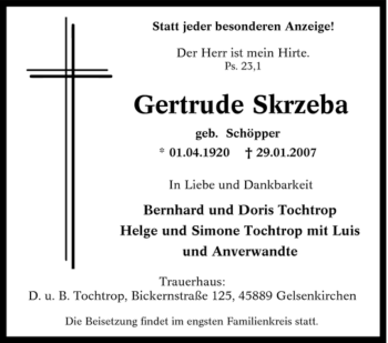 Traueranzeige von Gertrude Skrzeba von Tageszeitung