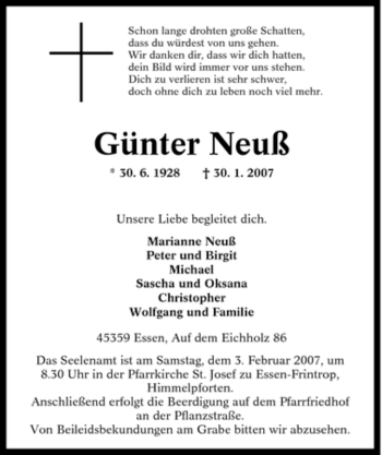 Traueranzeige von Günter Neuß von Tageszeitung