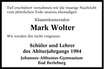 Traueranzeige von Mark Wolter von Tageszeitung