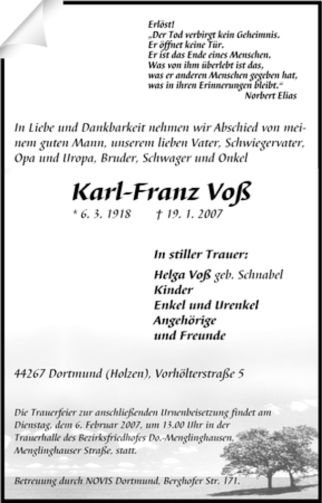  Traueranzeige für Karl-Franz Voß vom 01.02.2007 aus Tageszeitung