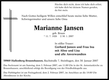 Traueranzeige von Marianne Jansen von Tageszeitung
