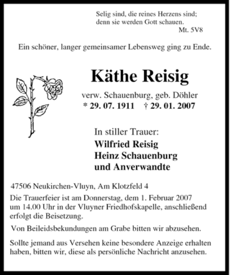  Traueranzeige für Käthe Reisig vom 01.02.2007 aus Tageszeitung