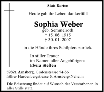 Traueranzeige von Sophia Weber von Tageszeitung