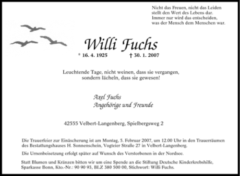 Traueranzeige von Willi Fuchs von Tageszeitung