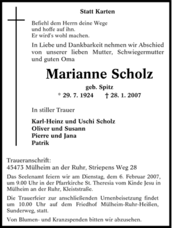 Traueranzeige von Marianne Scholz von Tageszeitung