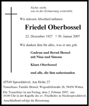 Traueranzeige von Friedel Oberbossel von Tageszeitung