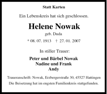 Traueranzeige von Helene Nowak von Tageszeitung