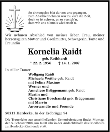 Traueranzeige von Kornelia Raidt von Tageszeitung