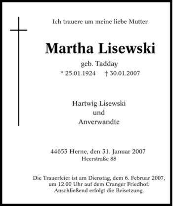 Traueranzeige von Martha Lisewski von Tageszeitung