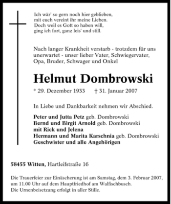 Traueranzeige von Helmut Dombrowski von Tageszeitung