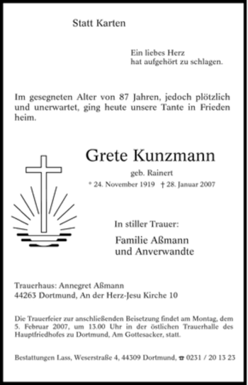 Traueranzeige von Grete Kunzmann von Tageszeitung