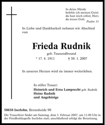 Traueranzeige von Frieda Rudnik von Tageszeitung