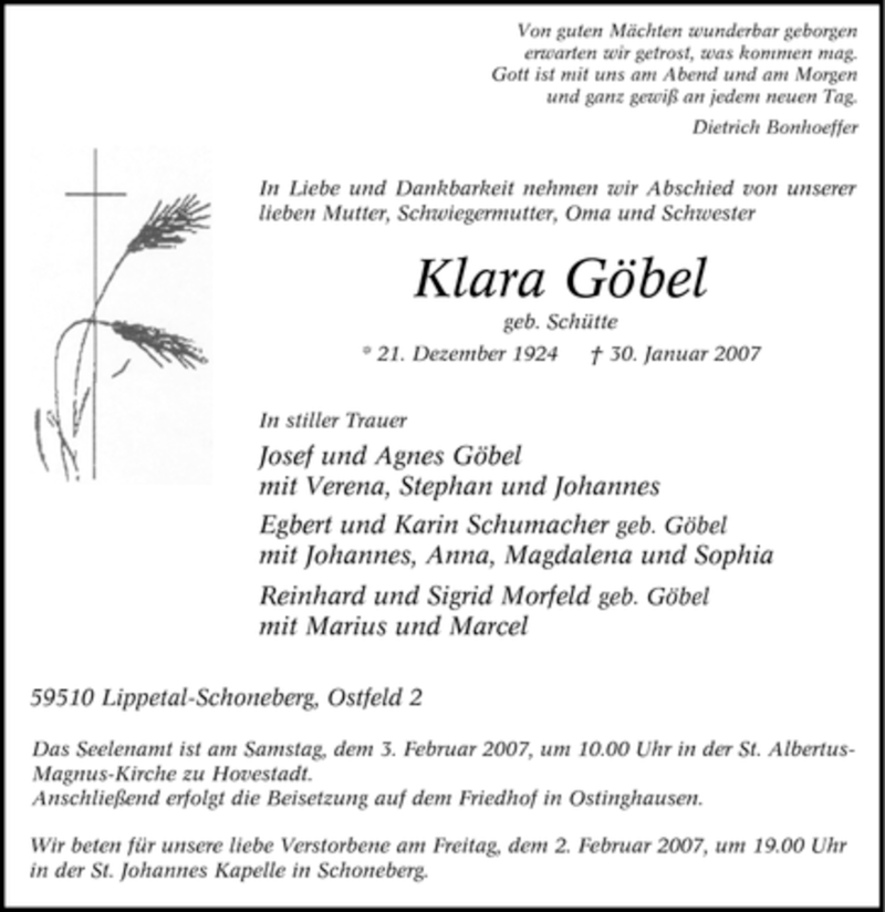  Traueranzeige für Klara Göbel vom 01.02.2007 aus Tageszeitung