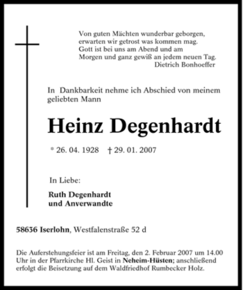 Traueranzeige von Heinz Degenhardt von Tageszeitung
