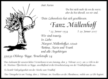 Traueranzeige von Fanz Müllenhoff von Tageszeitung