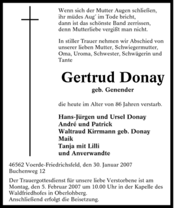 Traueranzeige von Gertrud Donay von Tageszeitung
