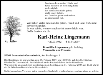 Traueranzeige von Karl-Heinz Lingemann von Tageszeitung