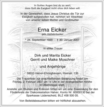 Traueranzeige von Erna Eicker von Tageszeitung