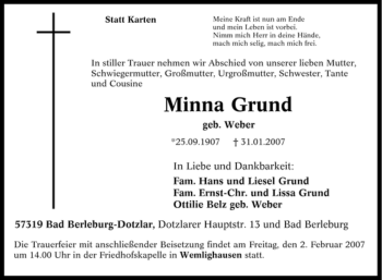 Traueranzeige von Minna Grund von Tageszeitung