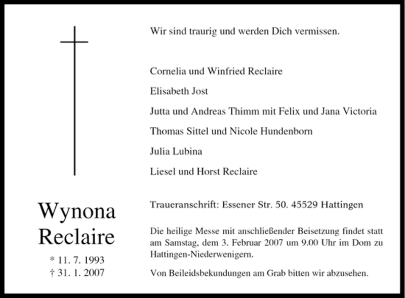  Traueranzeige für Wynona Reclaire vom 01.02.2007 aus Tageszeitung